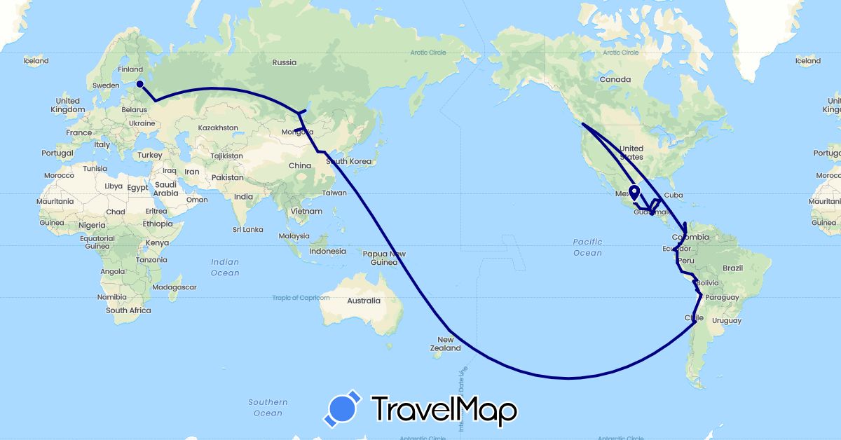 TravelMap itinerary: driving in Canada, Chile, China, Colombia, Ecuador, Guatemala, Mongolia, Mexico, New Zealand, Peru, Russia (Asia, Europe, North America, Oceania, South America)